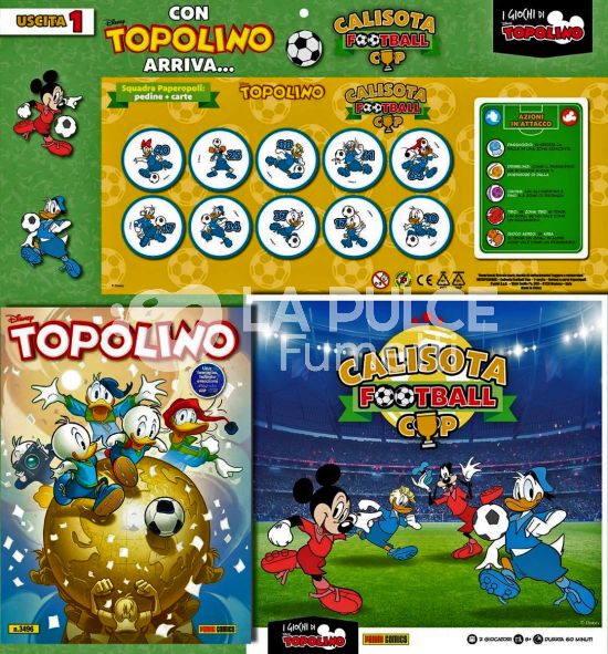 TOPOLINO LIBRETTO #  3496 - CALISOTA FOOTBALL CUP USCITA 1 - SCATOLA + SQUADRA PAPEROPOLI: PEDINE + CARTE