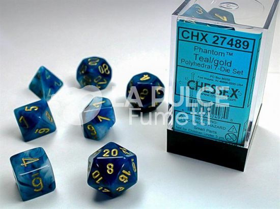 CHX 27489 - SET 7 DADI POLIEDRICI PHANTOM - TEAL/GOLD