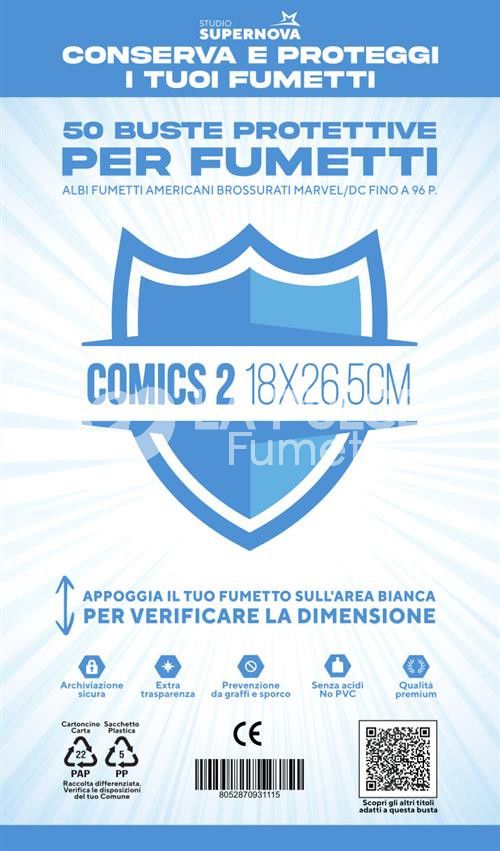 BUSTE COMICS 2 (COMICS TP 1 WR) 50 PEZZI - 180X265 - ( ALBI BROSSURATI MARVEL E DC FINO A 96 PAGINE )