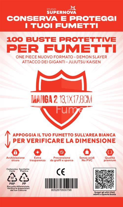 BUSTE MANGA 2 (DIABOLIK WR) 100 PEZZI - 131X178 - ( ONE PIECE NUOVO FORMATO, DEMON SLAYER 1A EDIZIONE, ATTACCO DEI GIGANTI TRANNE N° 34, JUJUTSU KAISEN )